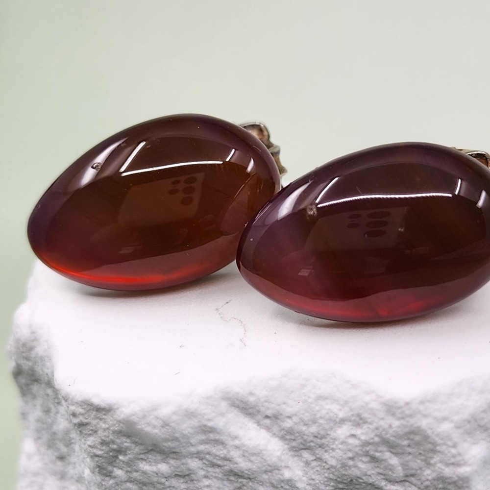 Vintage Brown Translucent Oval Clip-On Earrings Gold Tone Statement Retro Glam